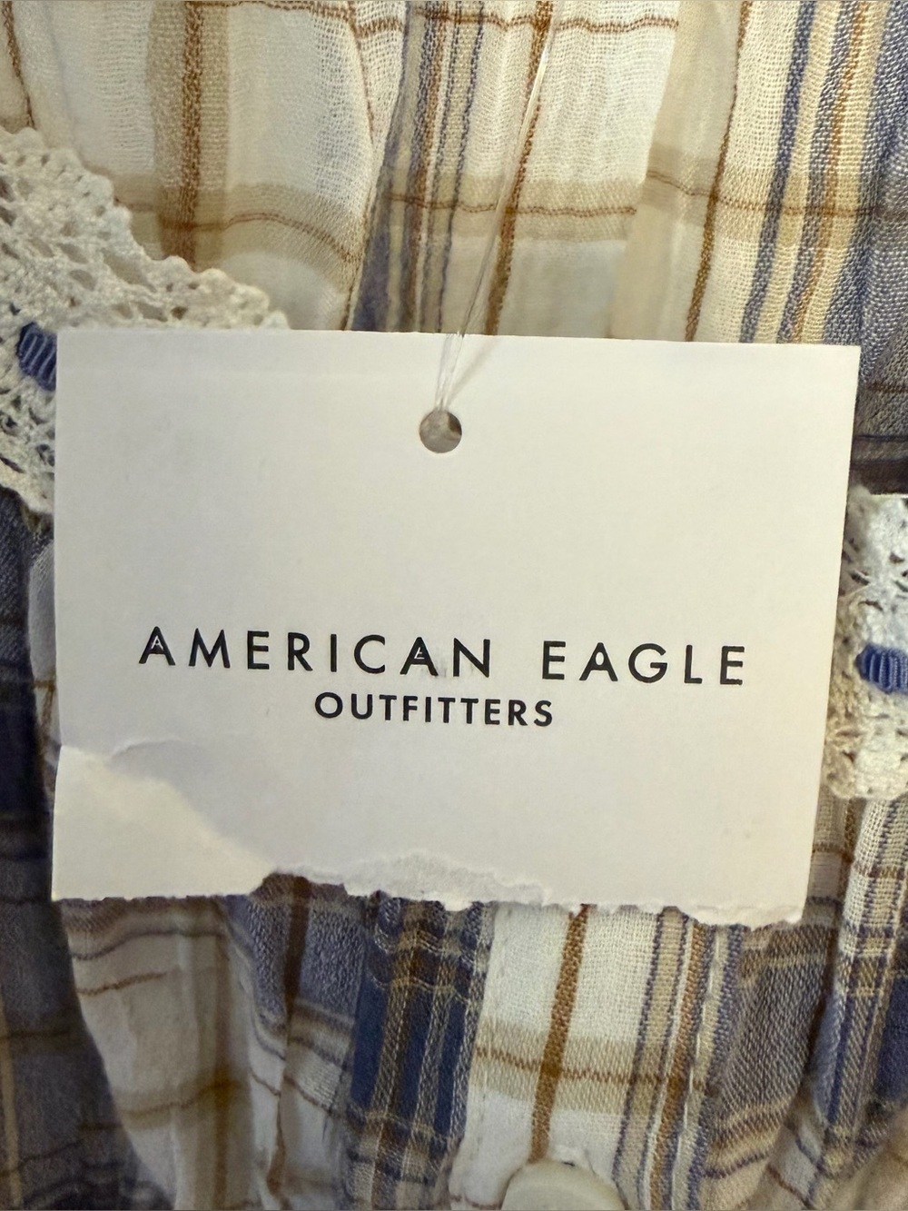 American Eagle Outfitters Blue and Cream Plaid Lace-Trim Cami - Picture 8 of 9